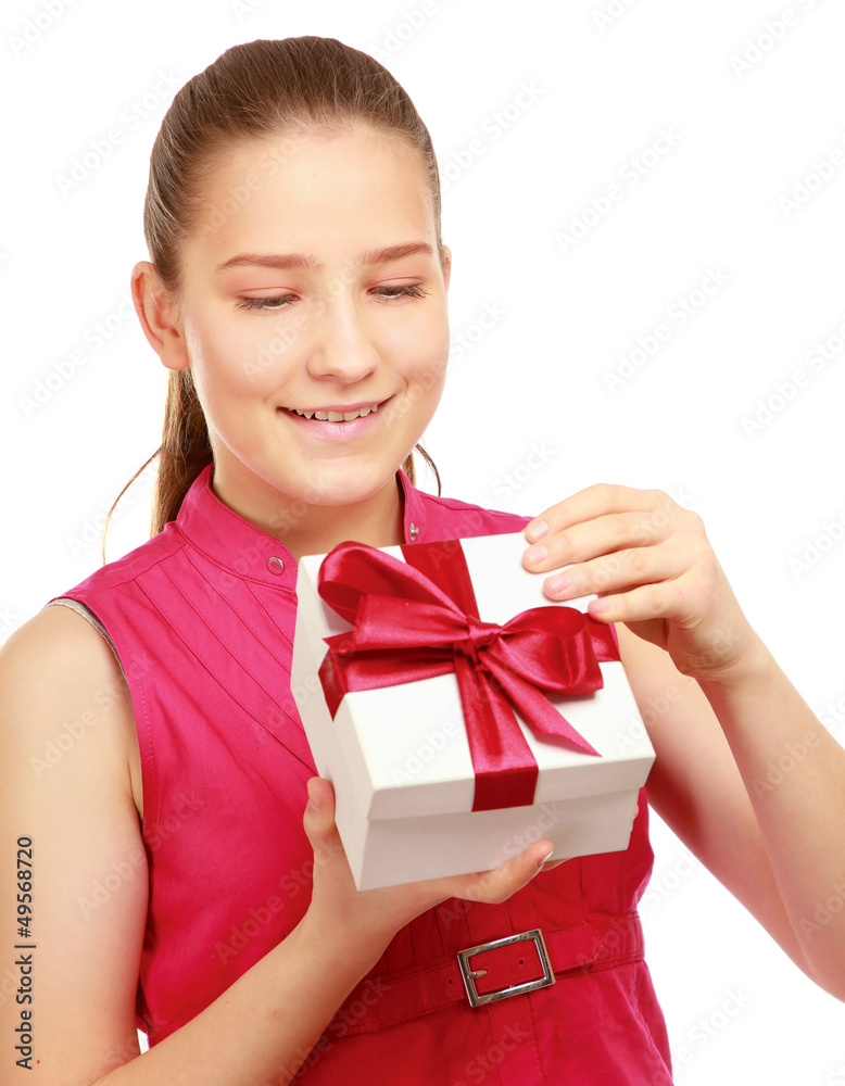 Woman holding gift box isolated on white background Woman holding gift box isolated on white background