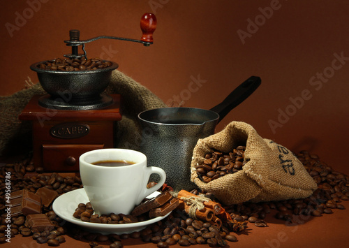 cup of coffee, grinder, turk and coffee beans © Africa Studio