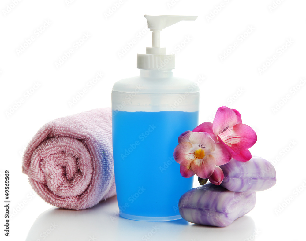 Bottle, soap and towel, isolated on white