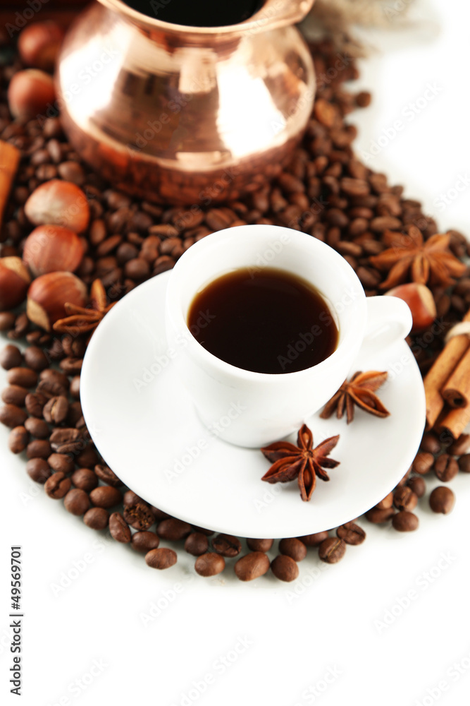Cup and pot of coffee and coffee beans, isolated on white Cup and pot of coffee and coffee beans, isolated on white