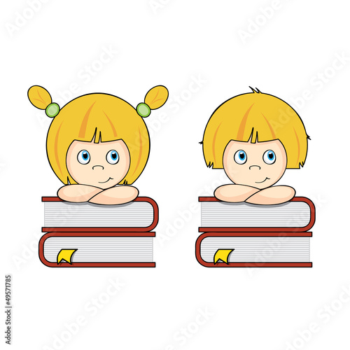 Smart girl and boy thinking on pile of books