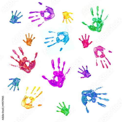 Colorful background from prints of painted hands of family