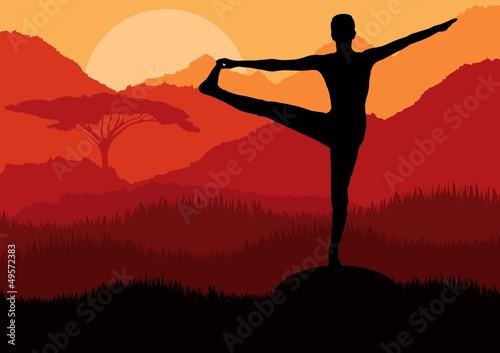 Yoga woman sunrise vector background