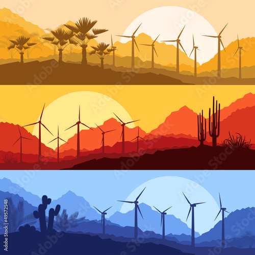Wind electricity generators, windmills in desert palm tree and c