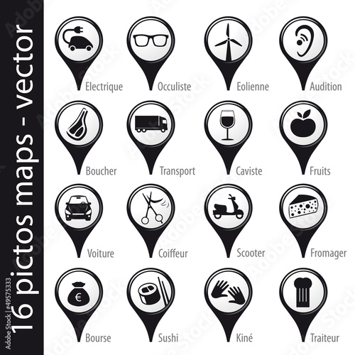 set 16 icons, pictos, symboles, logos