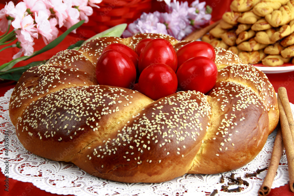 Fototapeta premium Easter sweet bread with red eggs