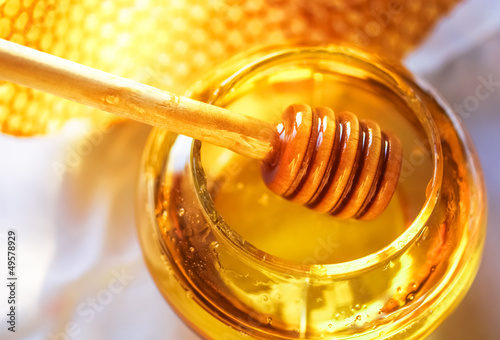 Honey dipper with bee honeycomb