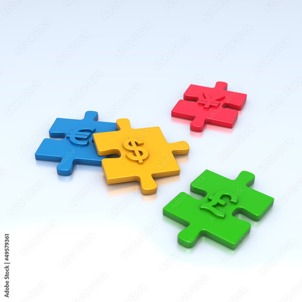 Puzzle mit Währungszeichen: 3D-Illustration / 3D-Grafik Puzzle mit Währungszeichen: 3D-Illustration / 3D-Grafik
