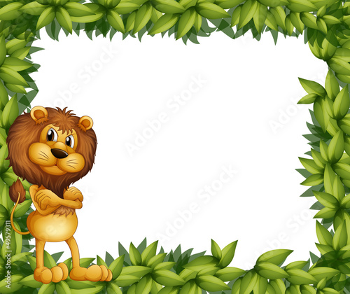 A lion at the left side of a leafy frame
