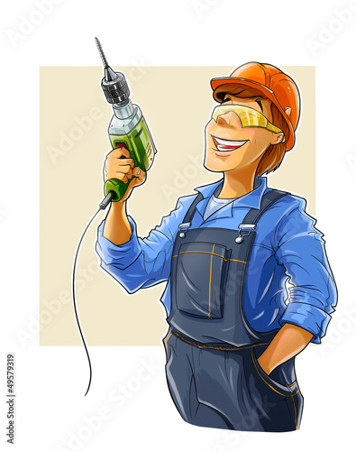 builder with drill  illustration isolated on white background