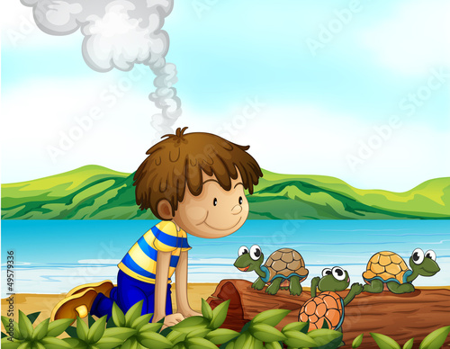 A boy watching the three turtles