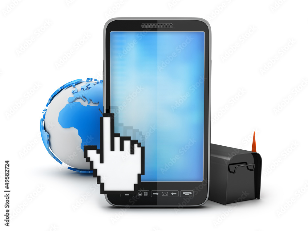 Cell phone, earth globe, mailbox and cursor hand on white backgr Cell phone, earth globe, mailbox and cursor hand on white backgr