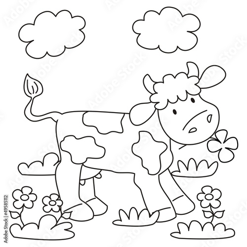 cow on meadow - coloring book, black and white vector illustration