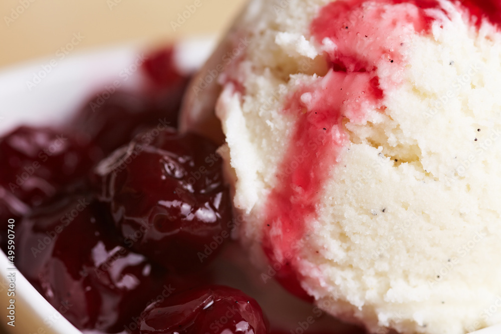 Vanilleeis mit Kirschen und Sauce Stock Photo | Adobe Stock Vanilleeis mit Kirschen und Sauce Stock Photo | Adobe Stock