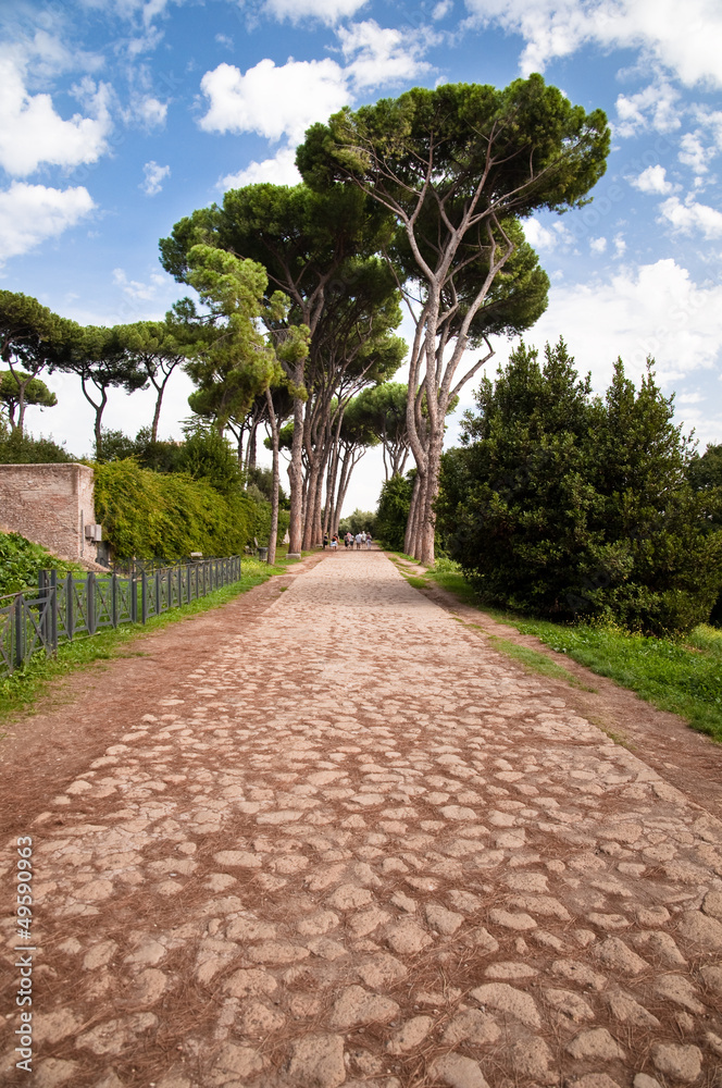 Stone street leading to trees in Palatine Hill at Rome