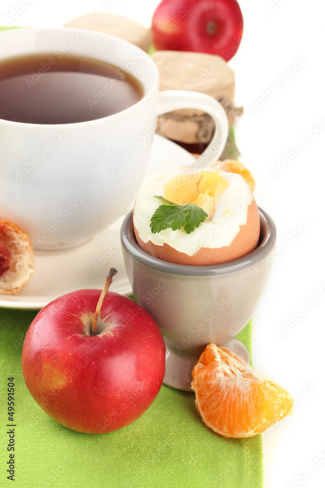 Light breakfast with boiled egg and cup of coffee, isolated Light breakfast with boiled egg and cup of coffee, isolated
