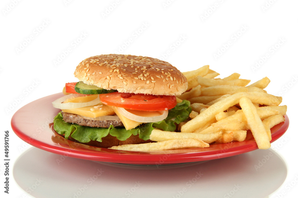 Tasty cheeseburger with fried potatoes, isolated on white Tasty cheeseburger with fried potatoes, isolated on white