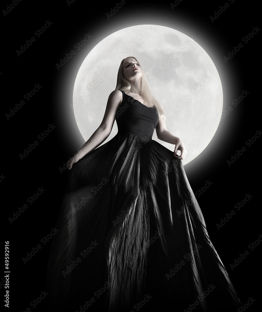 Dark Night Moon Girl with Black Dress