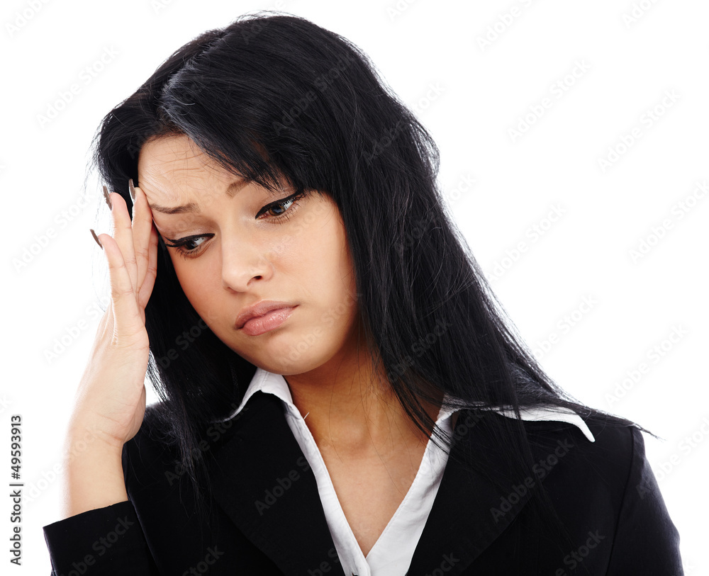 Closeup portrait of sad businesswoman having a headache Closeup portrait of sad businesswoman having a headache