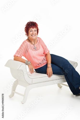 Woman leaning on a bench photo