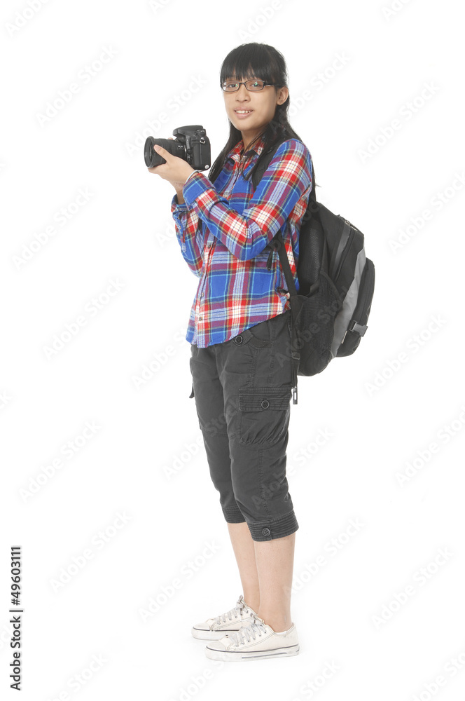 Beautiful smiling asian woman with photo camera Beautiful smiling asian woman with photo camera