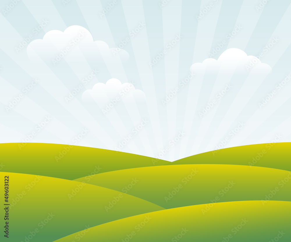 Spring Day. Green fields in sun rays. Vector, eps10.