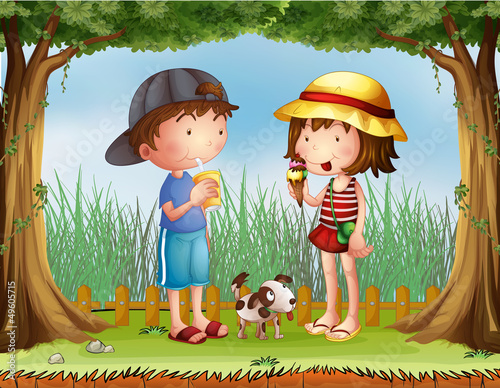 A boy with a glass of juice and a girl with an ice cream