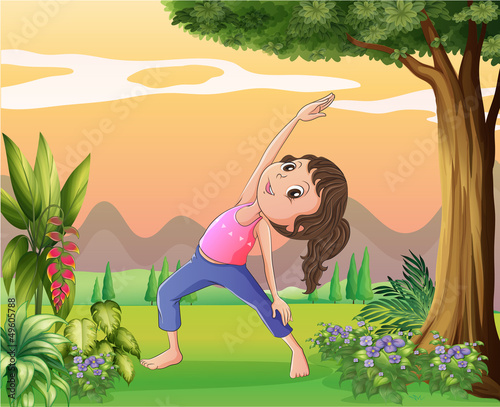 A lady exercising near a big tree
