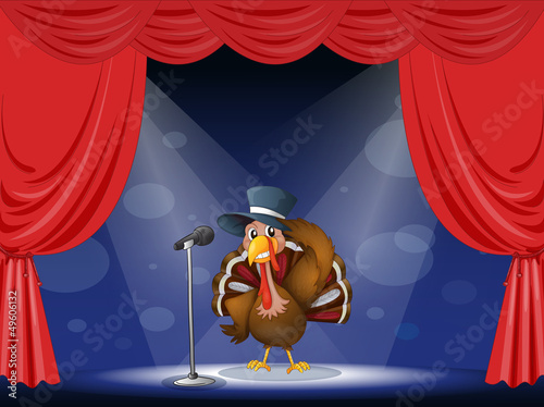 A turkey with a hat at the center of the stage