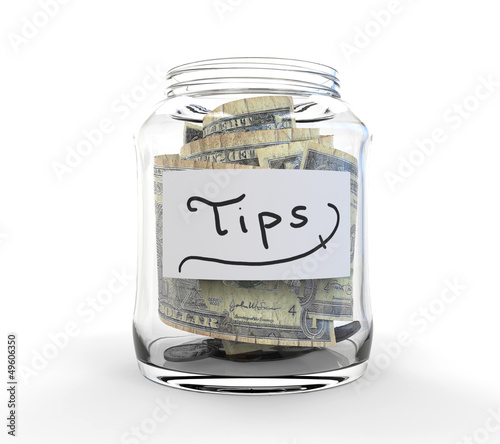 Clear Glass Jar for Tips with Coins and Bills photo