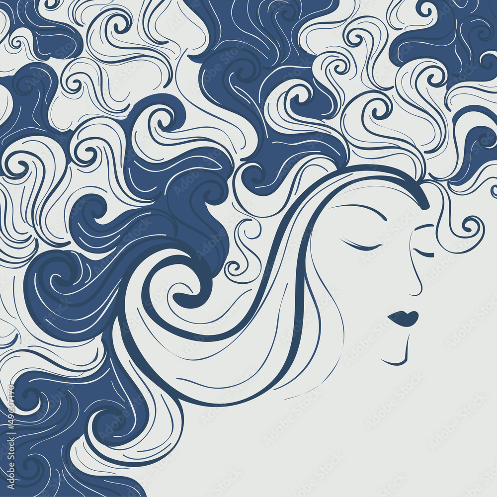 Sketch of a beautiful girl with decorated hairs background or ca