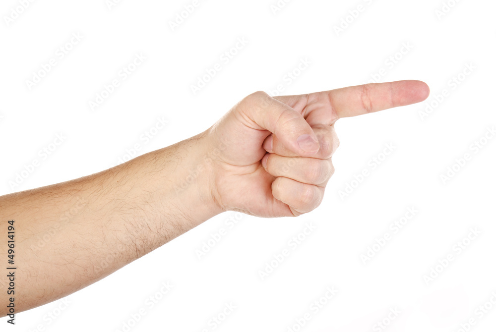 Male hand with finger showing right isolated Male hand with finger showing right isolated
