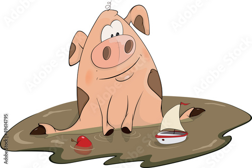 Pig and a toy ship cartoon