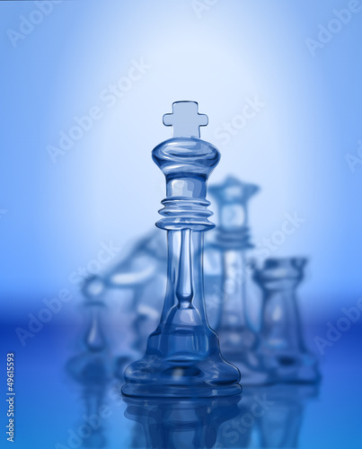 Chess figures, led by King on a blue background