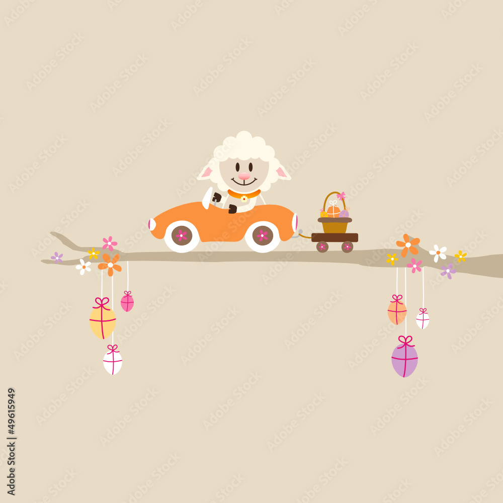 Fototapeta premium Sheep On Tree Driving Car Easter Basket Beige