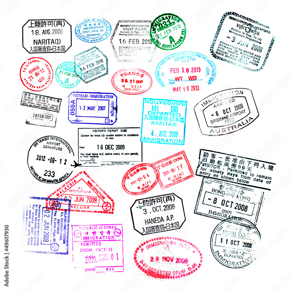 Tampons de passeport - Collage, fond blanc Photos | Adobe Stock