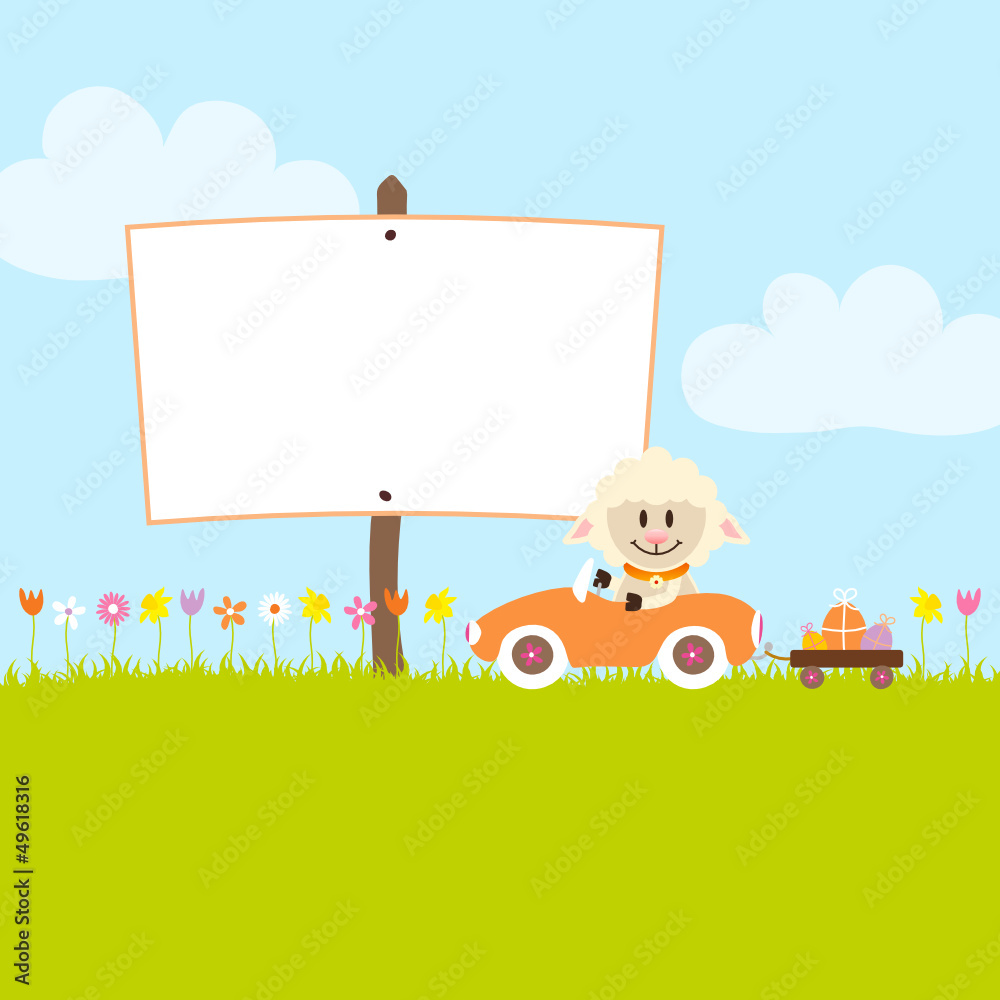 Fototapeta premium Sheep In Meadow Driving Car Easter Eggs Label