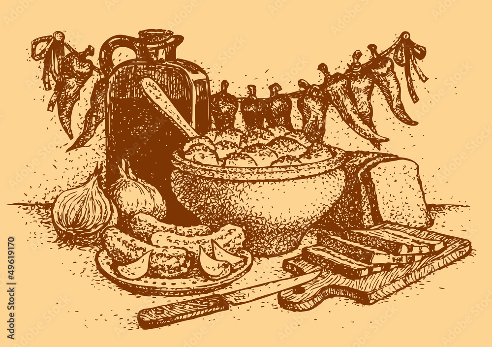 Fototapeta premium Vector still life: potatoes, cucumbers, onion, bread and bacon s