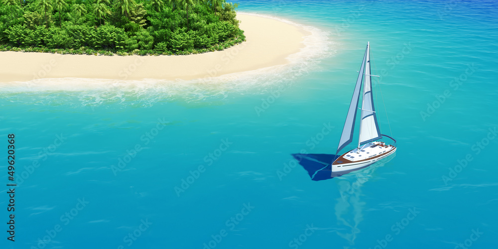 Obraz premium Yacht near tropical sand beach with palms.