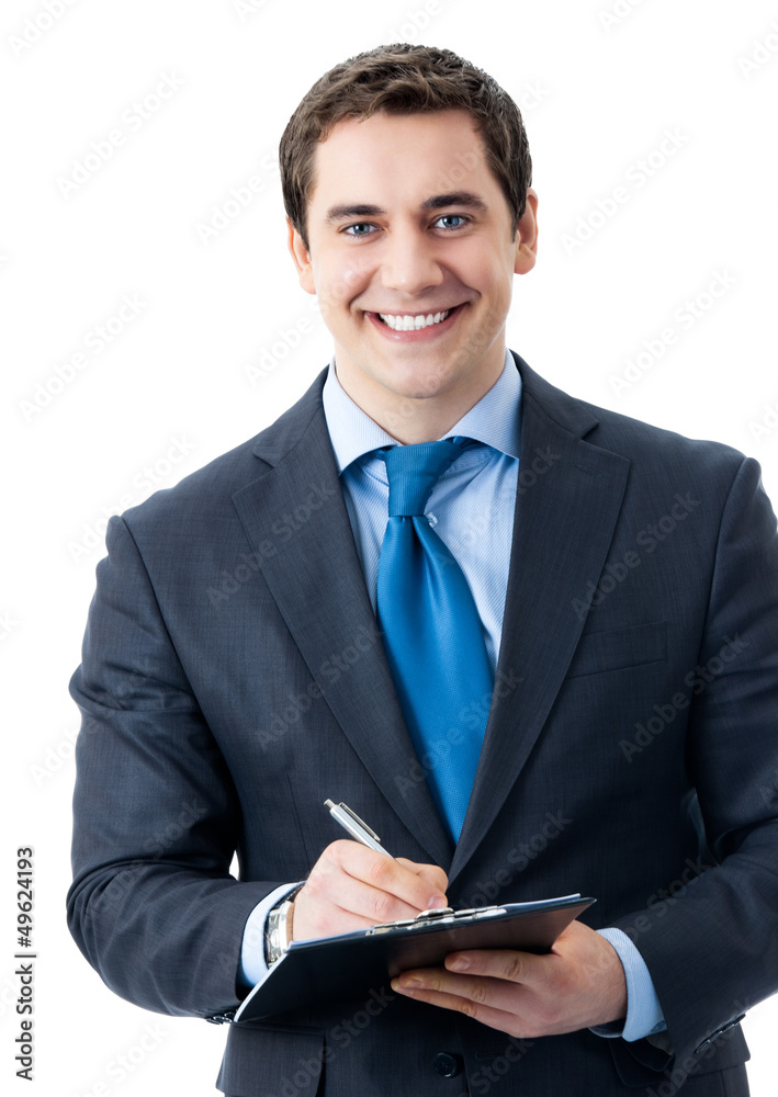 Cherrful businessman with clipboard writing Cherrful businessman with clipboard writing