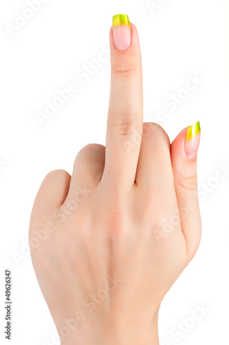 woman's hand with Fuck you gesture. isolated photo