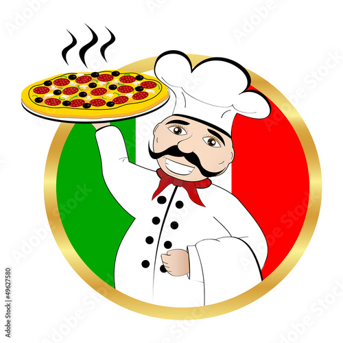 Chef pizza on background of the flag of Italy