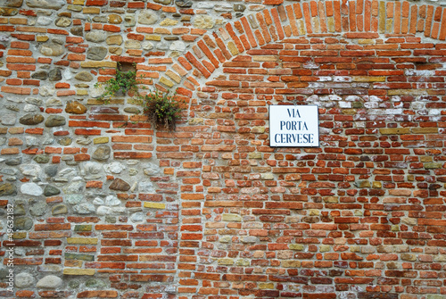 Italy, Santarcangelo old brick and stone wall