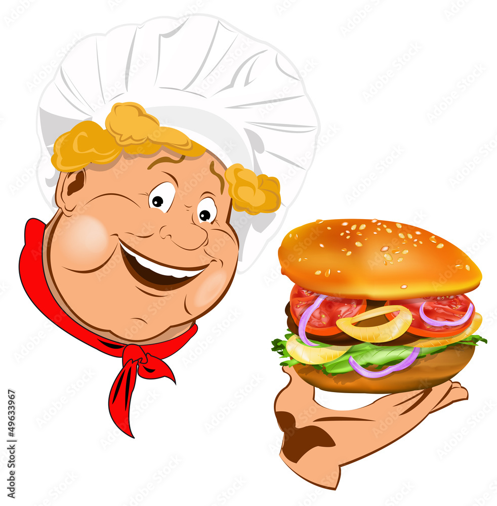 Funny Chef and best big traditional hamburger.Vector Funny Chef and best big traditional hamburger.Vector