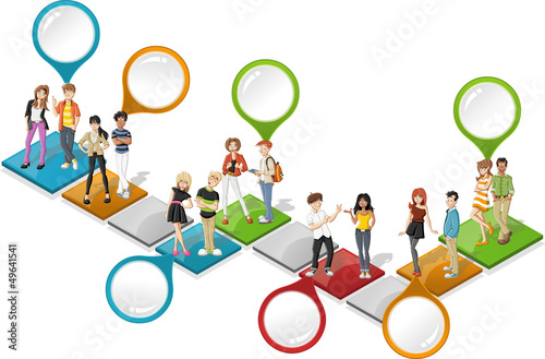 Colorful template with cool cartoon young people over path