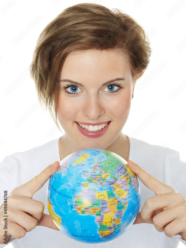 Woman shows the communication World, Global Commerce Woman shows the communication World, Global Commerce