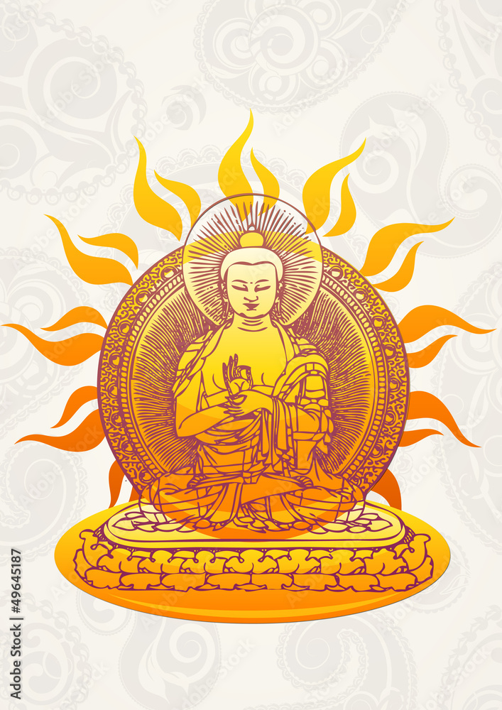 Fototapeta premium Buddha mit Sonne und Paisley Hintergrund
