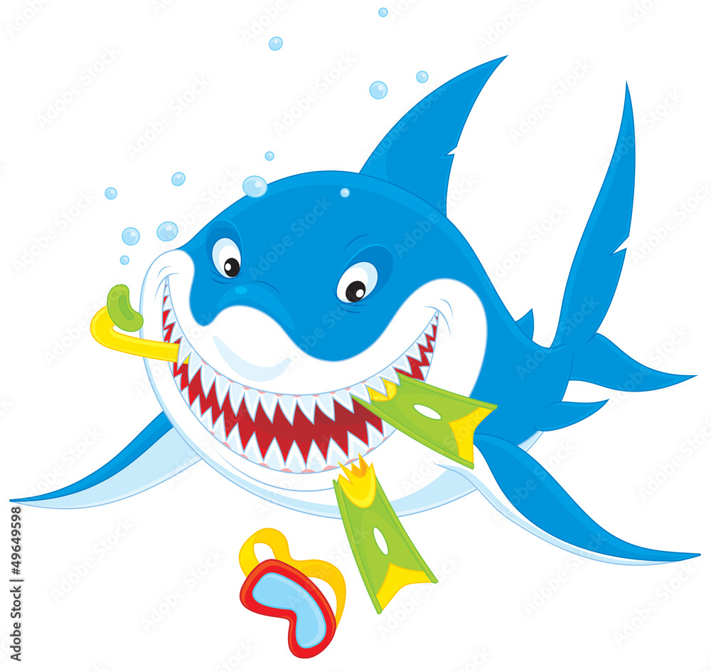 Fototapeta premium Great white shark with flippers, mask and snorkel