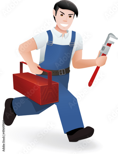 Plumber with his tools, runs