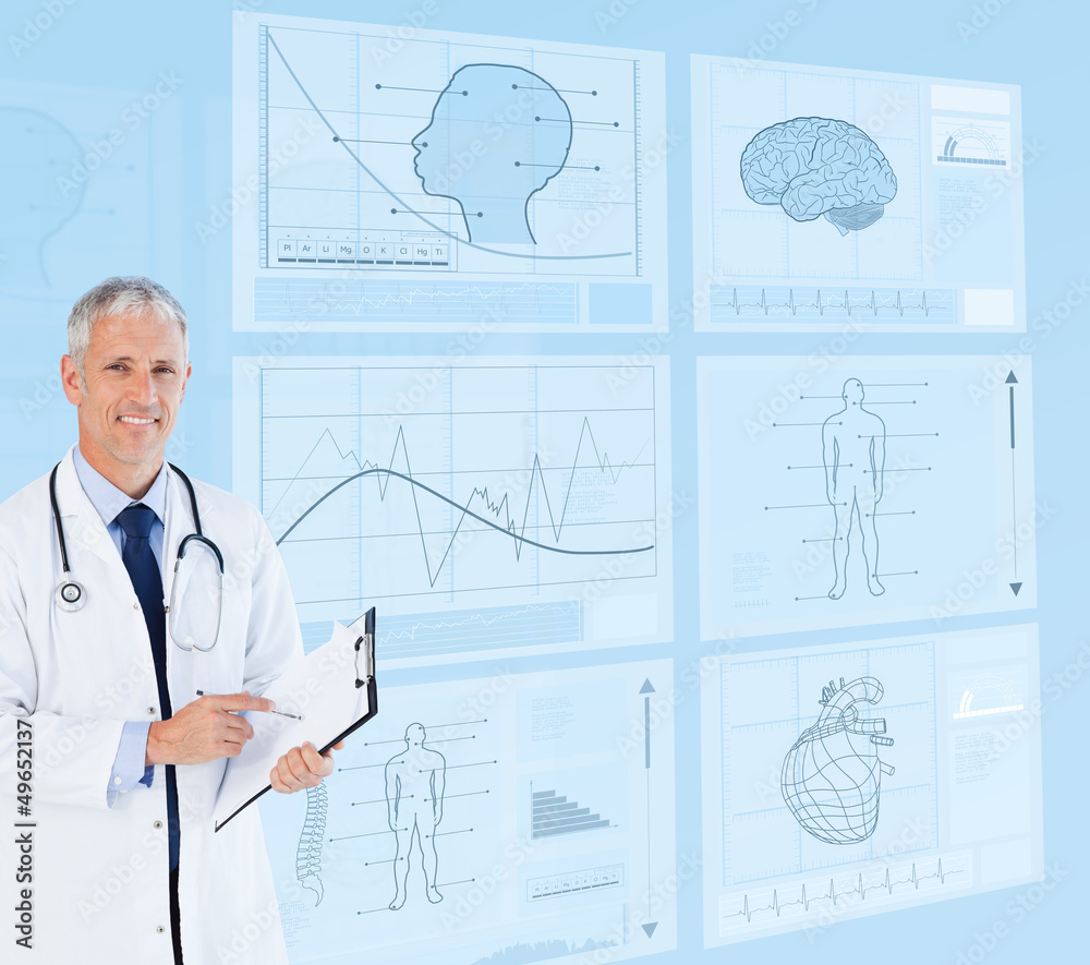 Senior doctor holding a clipboard near to futuristic screens Senior doctor holding a clipboard near to futuristic screens